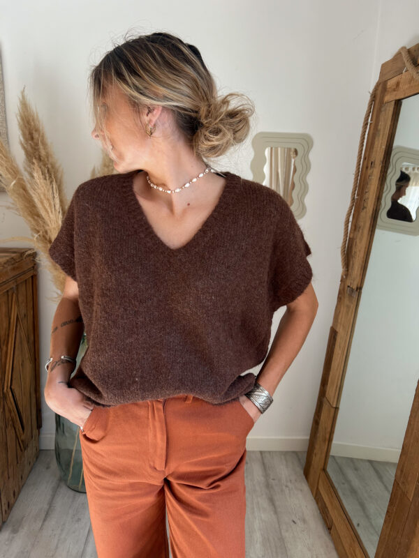 pull femme chocolat col V