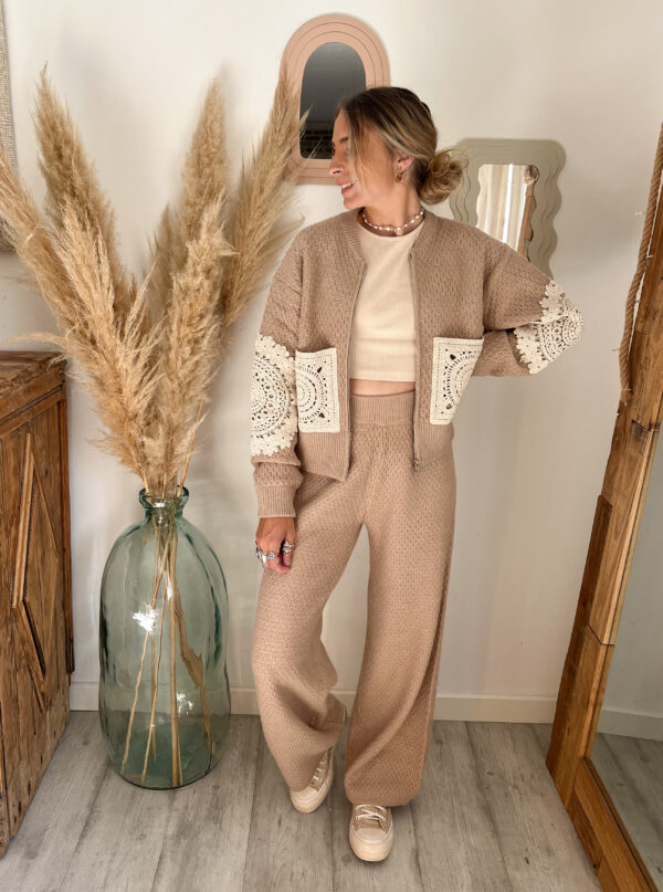 pantalon bohème beige maille chaud femme