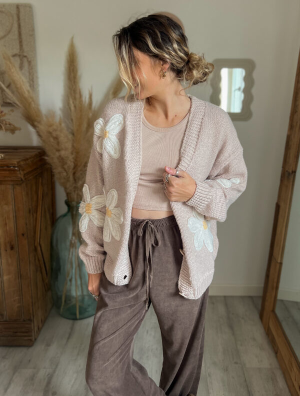 gilet beige fleur femme maille épaisse