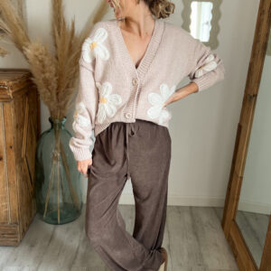 gilet beige femme fleur maille épaisse