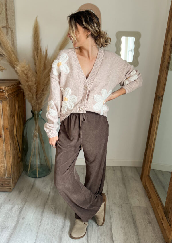 gilet beige femme fleur maille épaisse