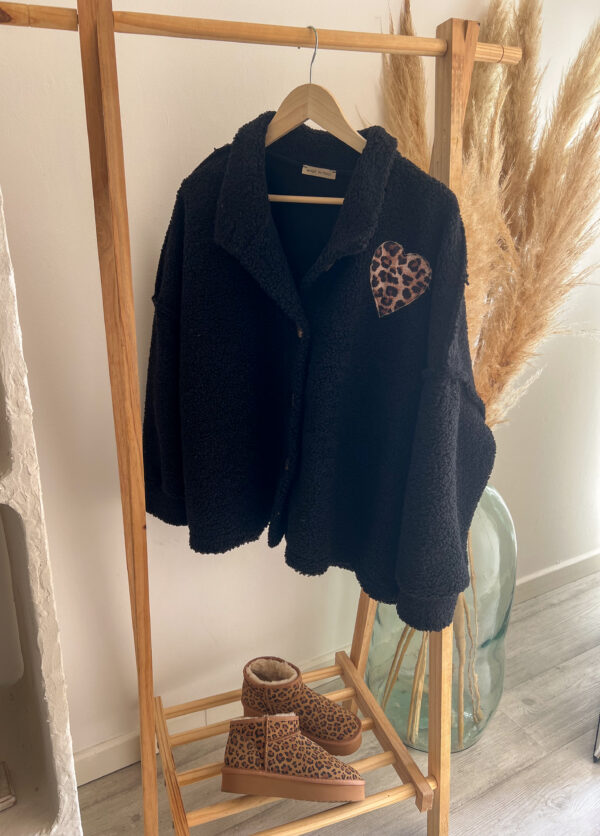 veste femme bouclette noire coeur léopard