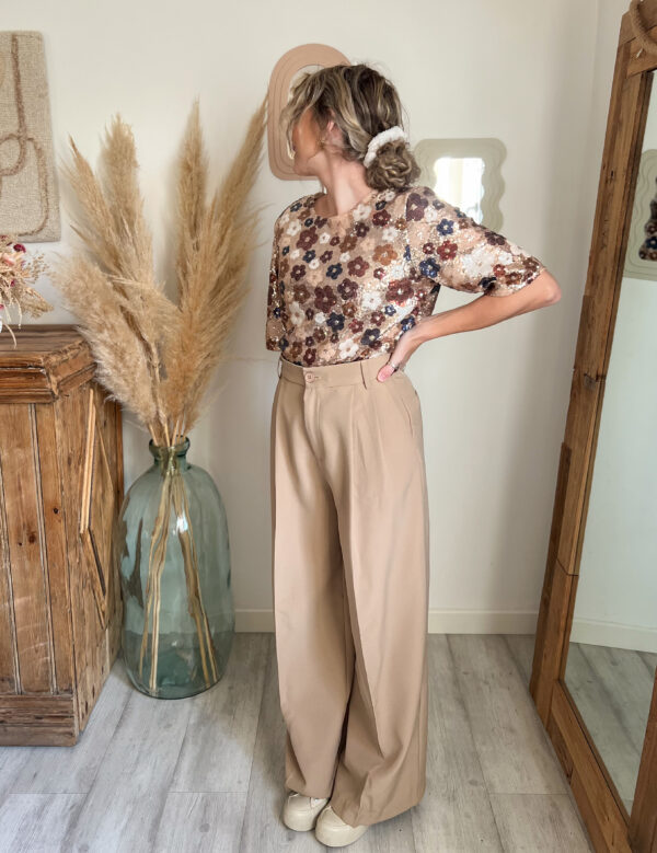 haut sequin fleur beige femme