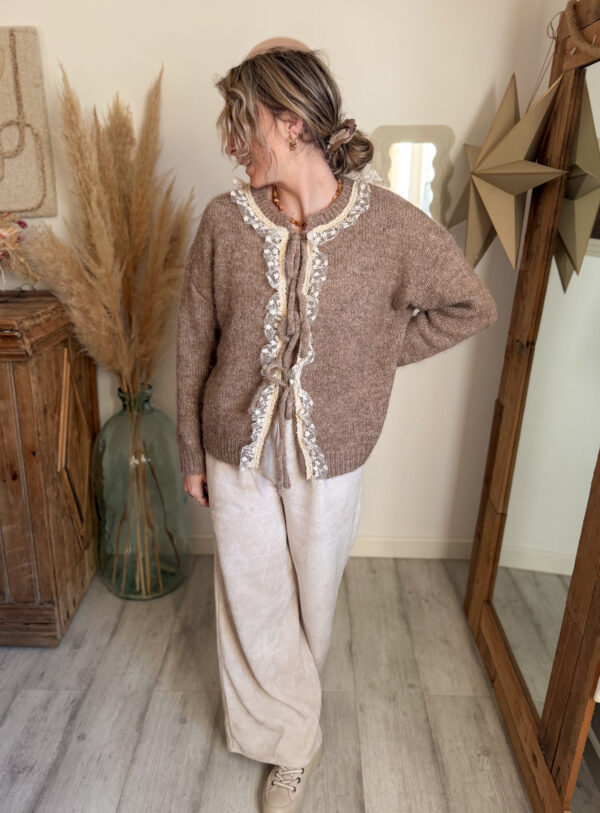 gilet en maille dentelle femme marron