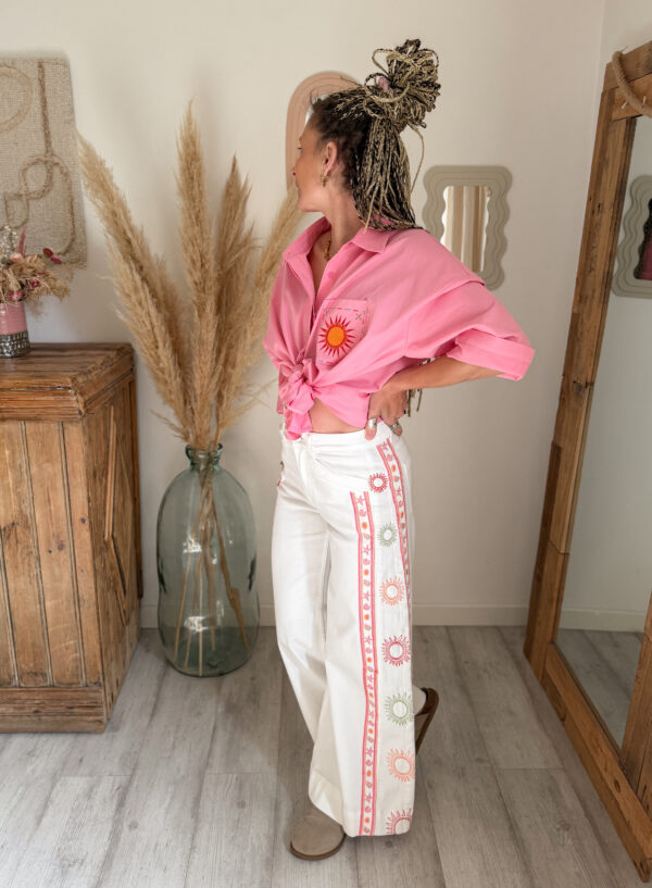 jean blanc bohème femme broderie soleil