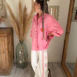 chemise rose femme boheme broderie soleil coupe oversize
