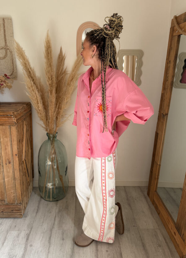 chemise rose femme boheme broderie soleil coupe oversize