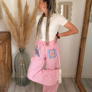 pantalon rayé femme rose bohème fluide loose