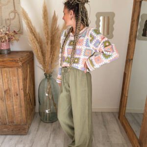 pantalon gaz de coton kaki femme fluide