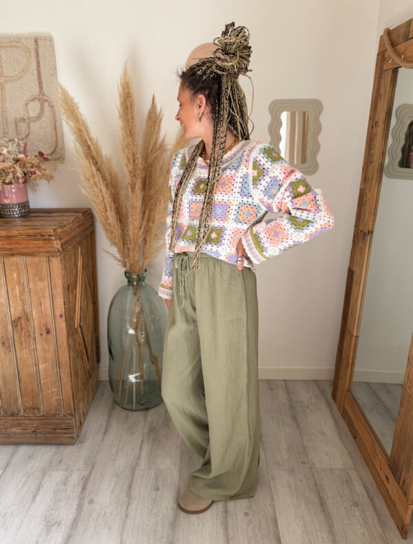 pantalon gaz de coton kaki femme fluide