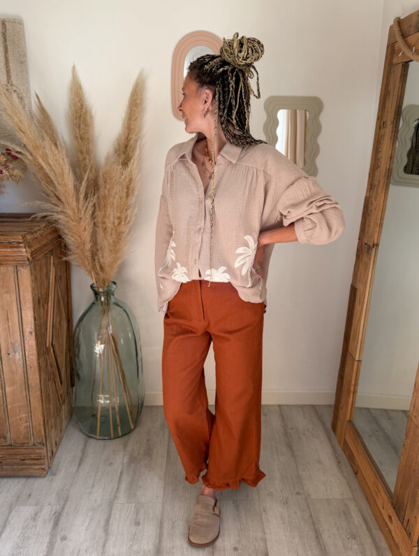 pantalon femme volants bohème avec chemise gaz de coton palmier