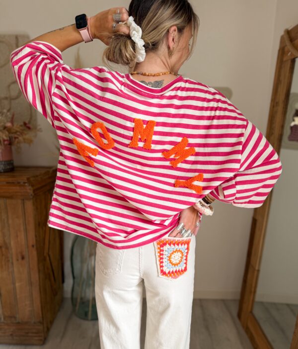 teeshirt mommy rayure rose ecru bouclette