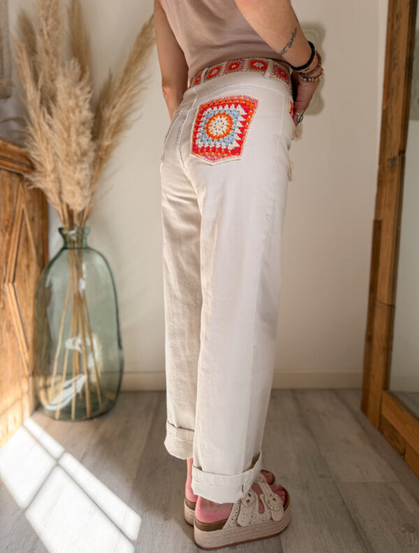 jean beige femme crochet ceinture poche boheme