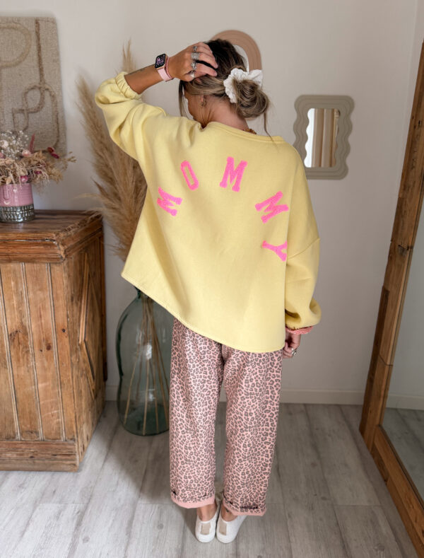 sweatshirt femme mommy jaune bouclette rose